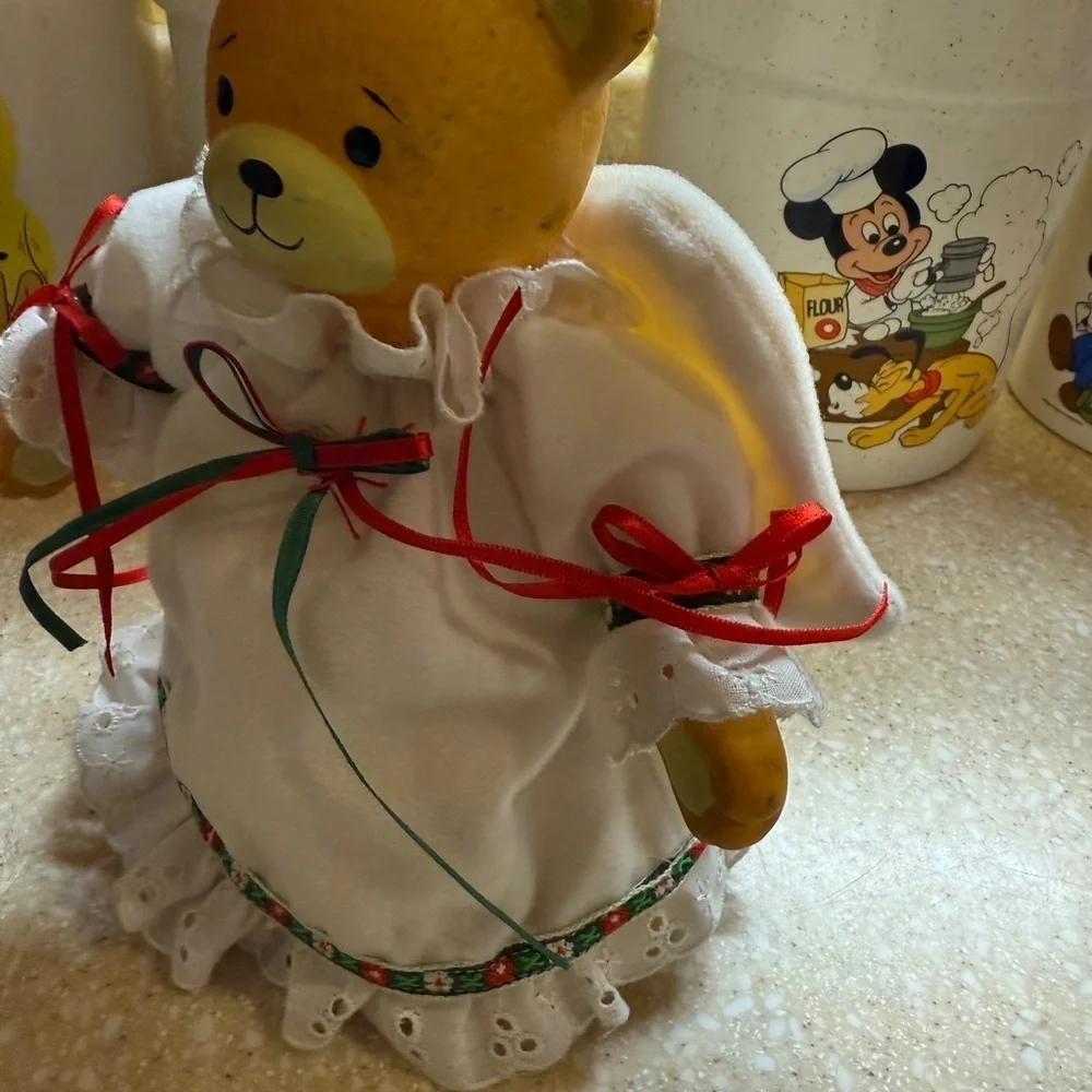 Vintage Angel Christmas Tree Topper Teddy Bear Figurine w/ Holiday White Dress